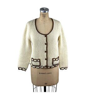 1960s 70s Evan-Picone wool cardigan ivory with brown trim Size M/L
